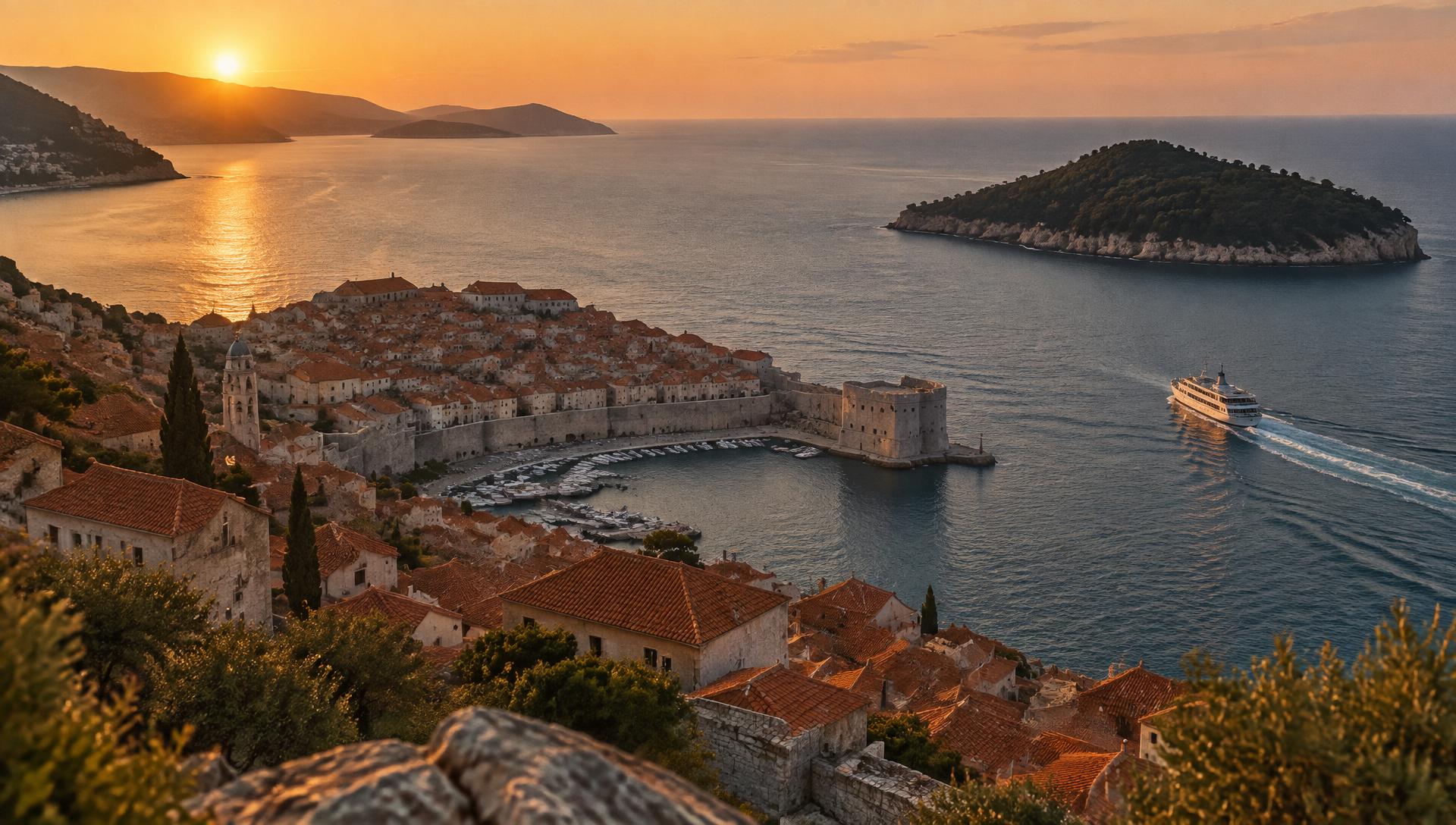Mediterranean coastal town at dusk with a ferry leaving the harbour